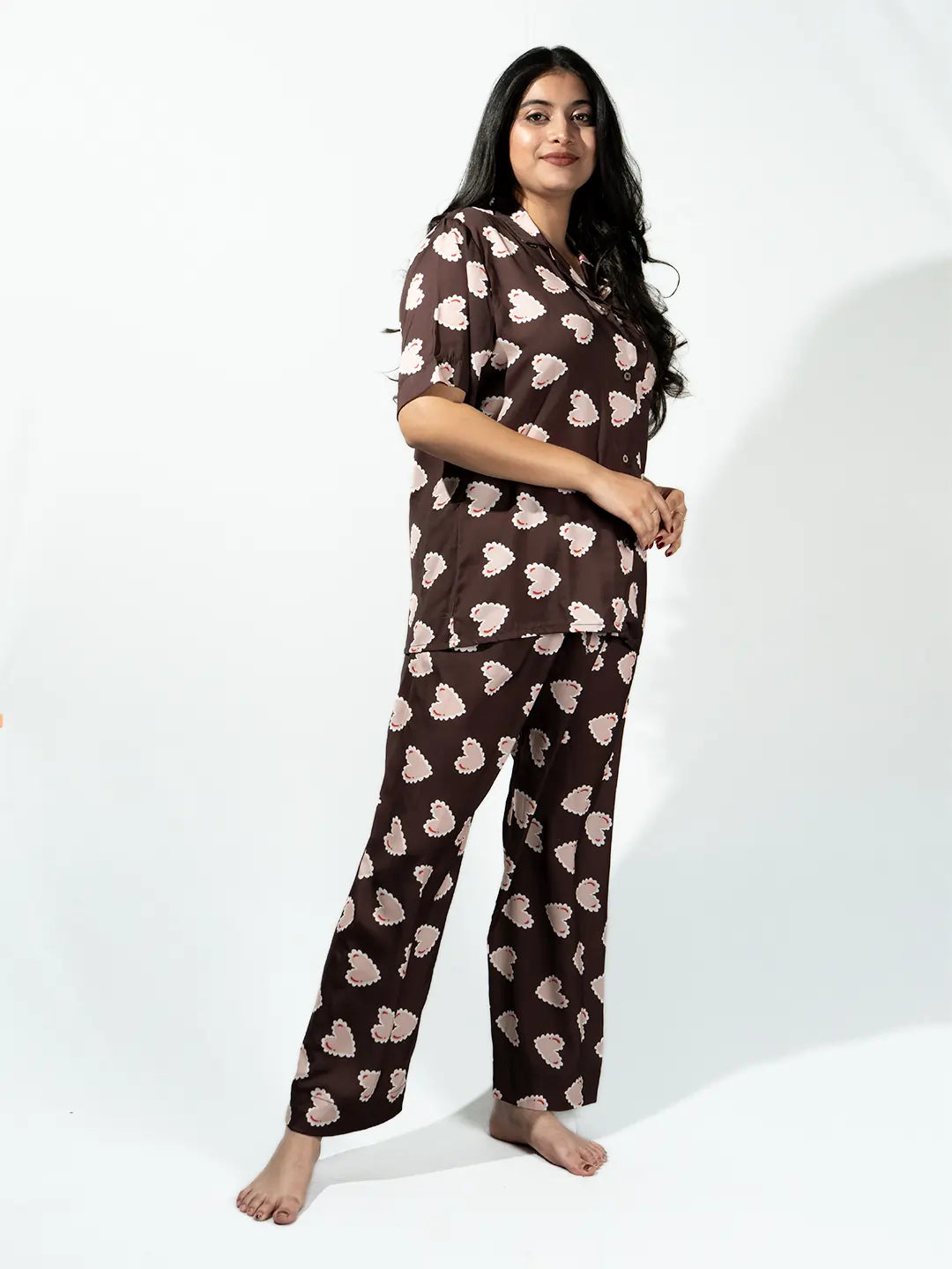 Women’s Deep Brown Inverted Scallop Hearts Printed Half Sleeve Shirt & Pajama Set