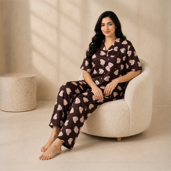 Women’s Deep Brown Inverted Scallop Hearts Printed Half Sleeve Shirt & Pajama Set