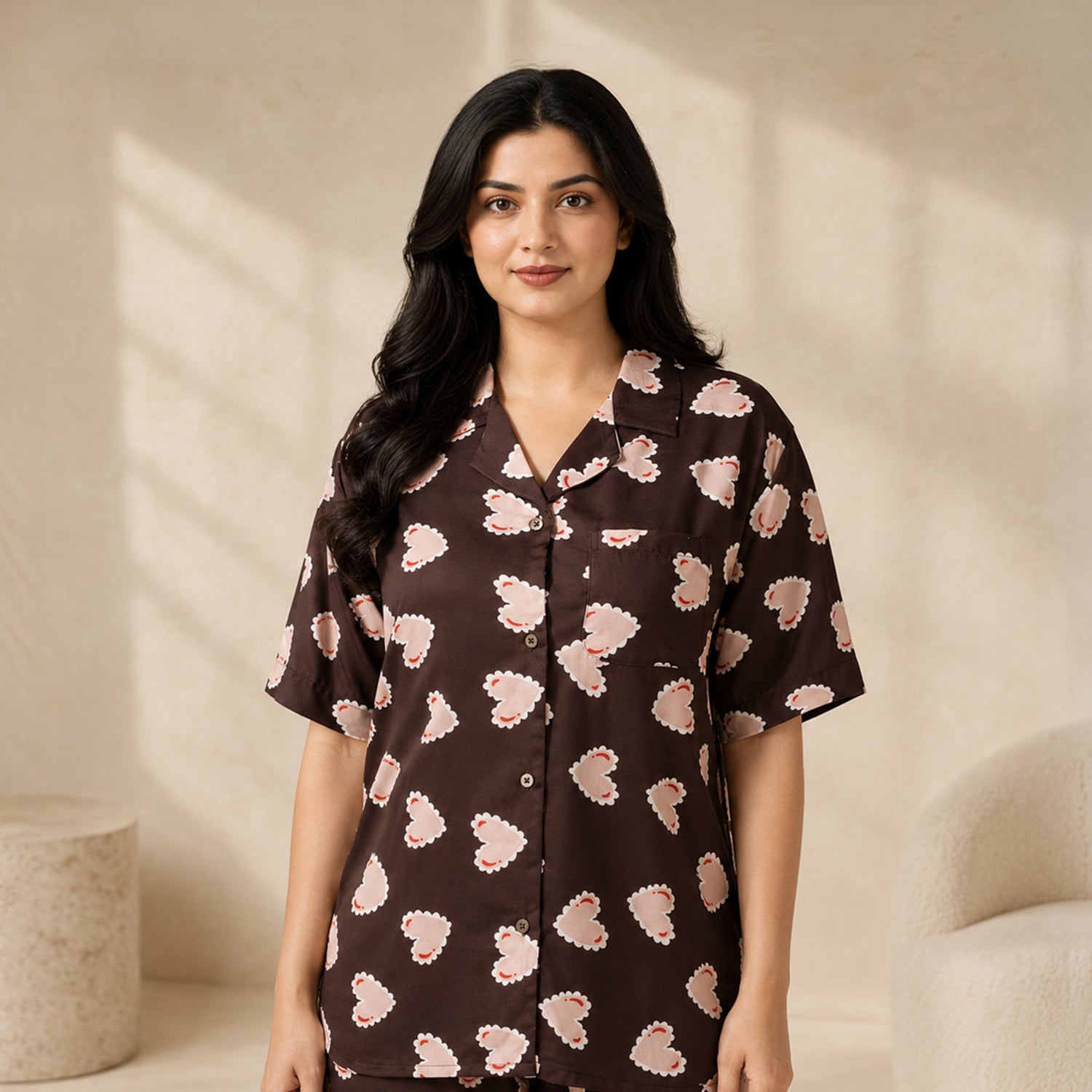 Deep Brown Inverted Scallop Hearts Printed