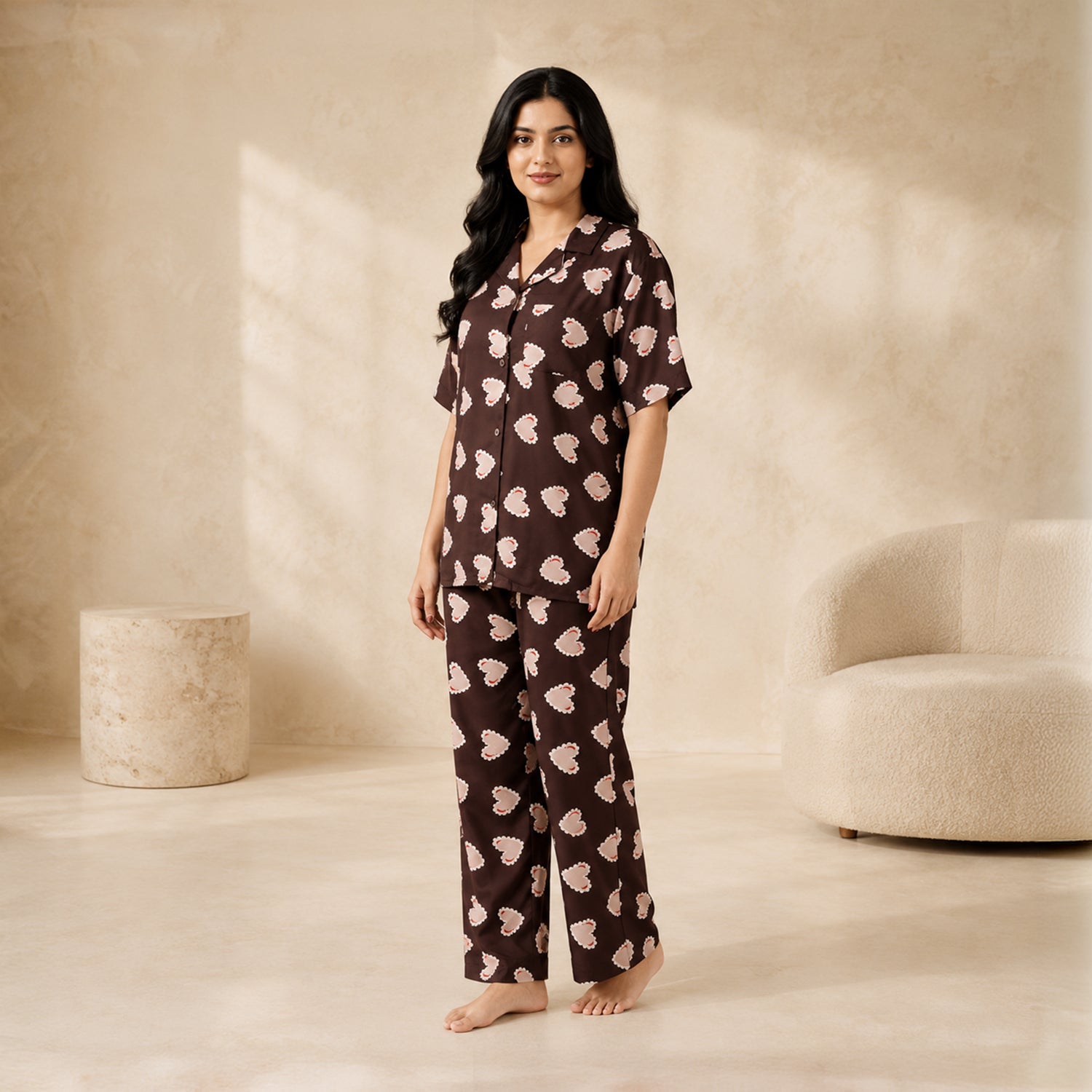 Deep Brown Inverted Scallop Hearts Printed