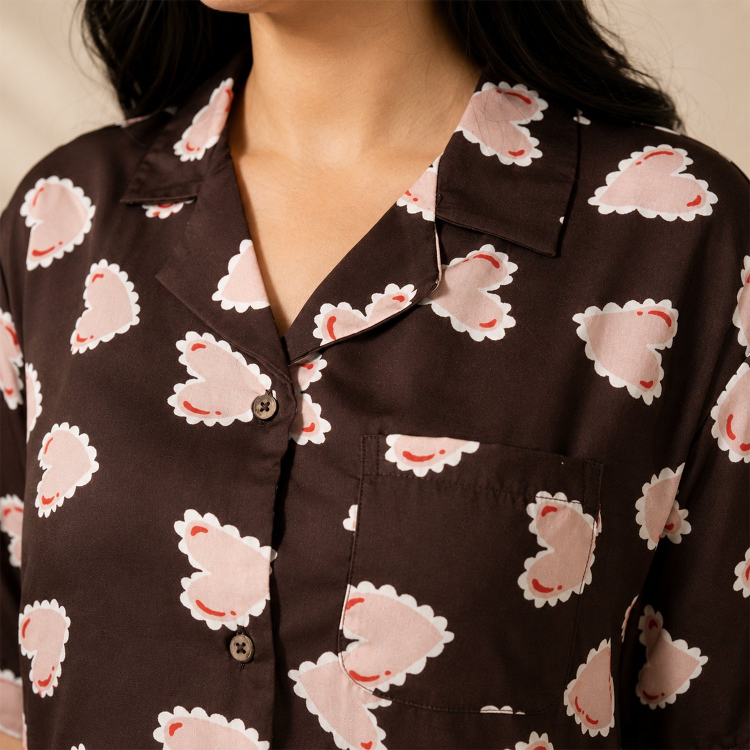 Deep Brown Inverted Scallop Hearts Printed