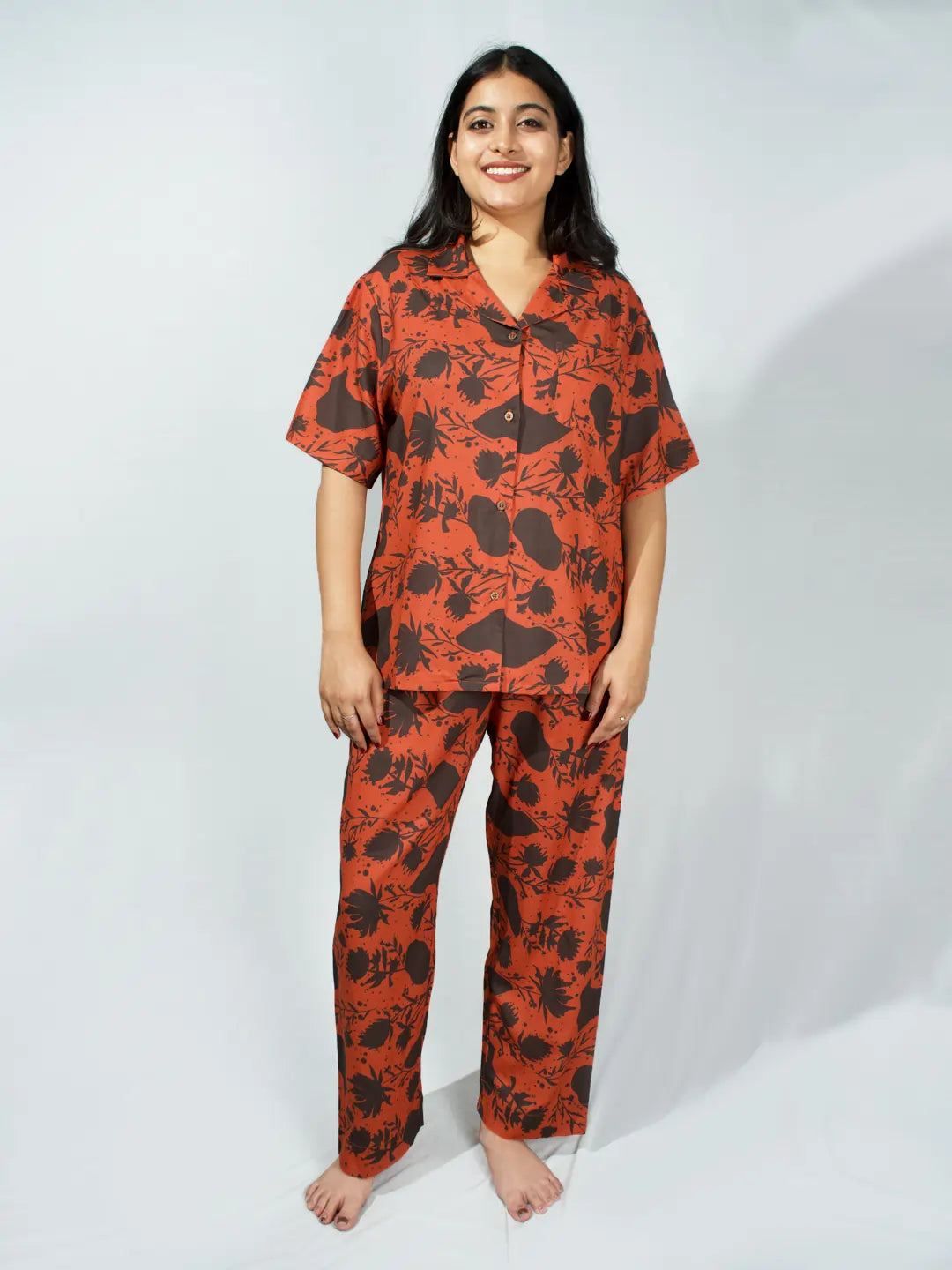 Women’s Dual Tone Rust Leaf Print Half Sleeve Shirt & Pajama Set