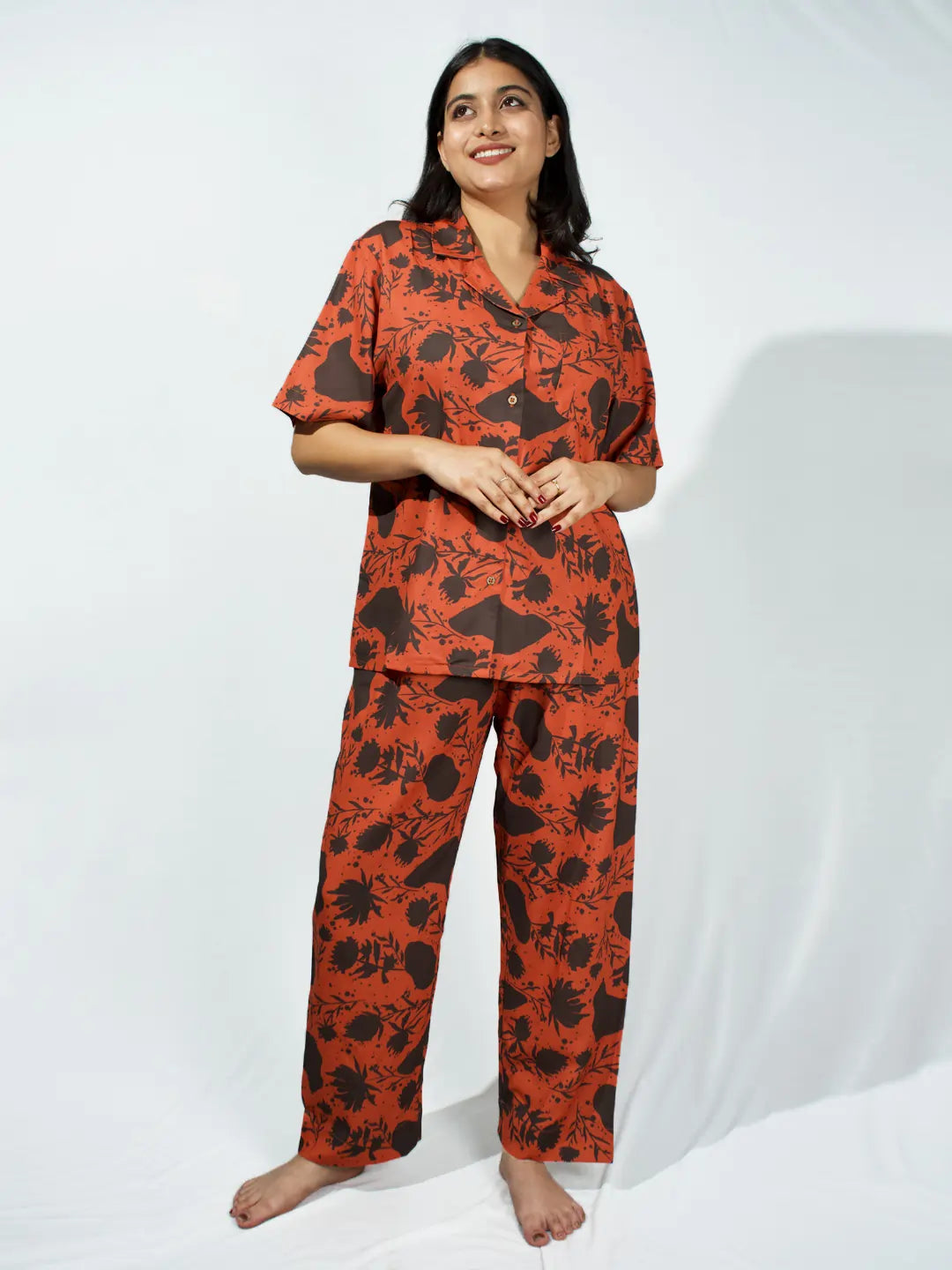 Women’s Dual Tone Rust Leaf Print Half Sleeve Shirt & Pajama Set