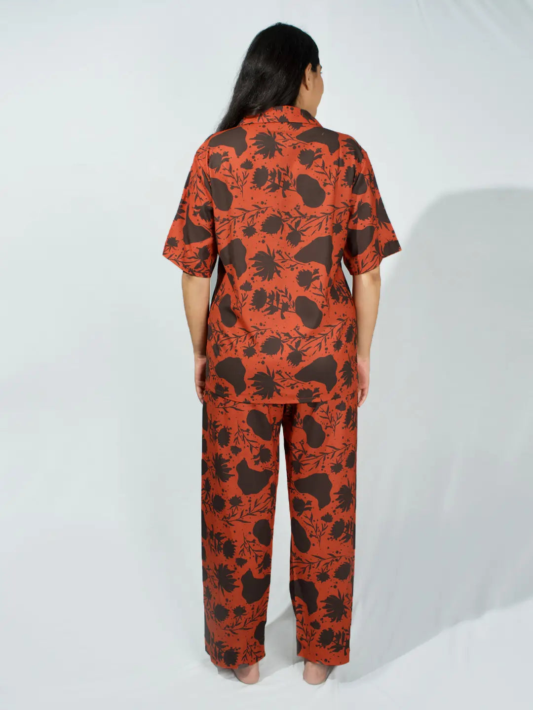 Women’s Dual Tone Rust Leaf Print Half Sleeve Shirt & Pajama Set