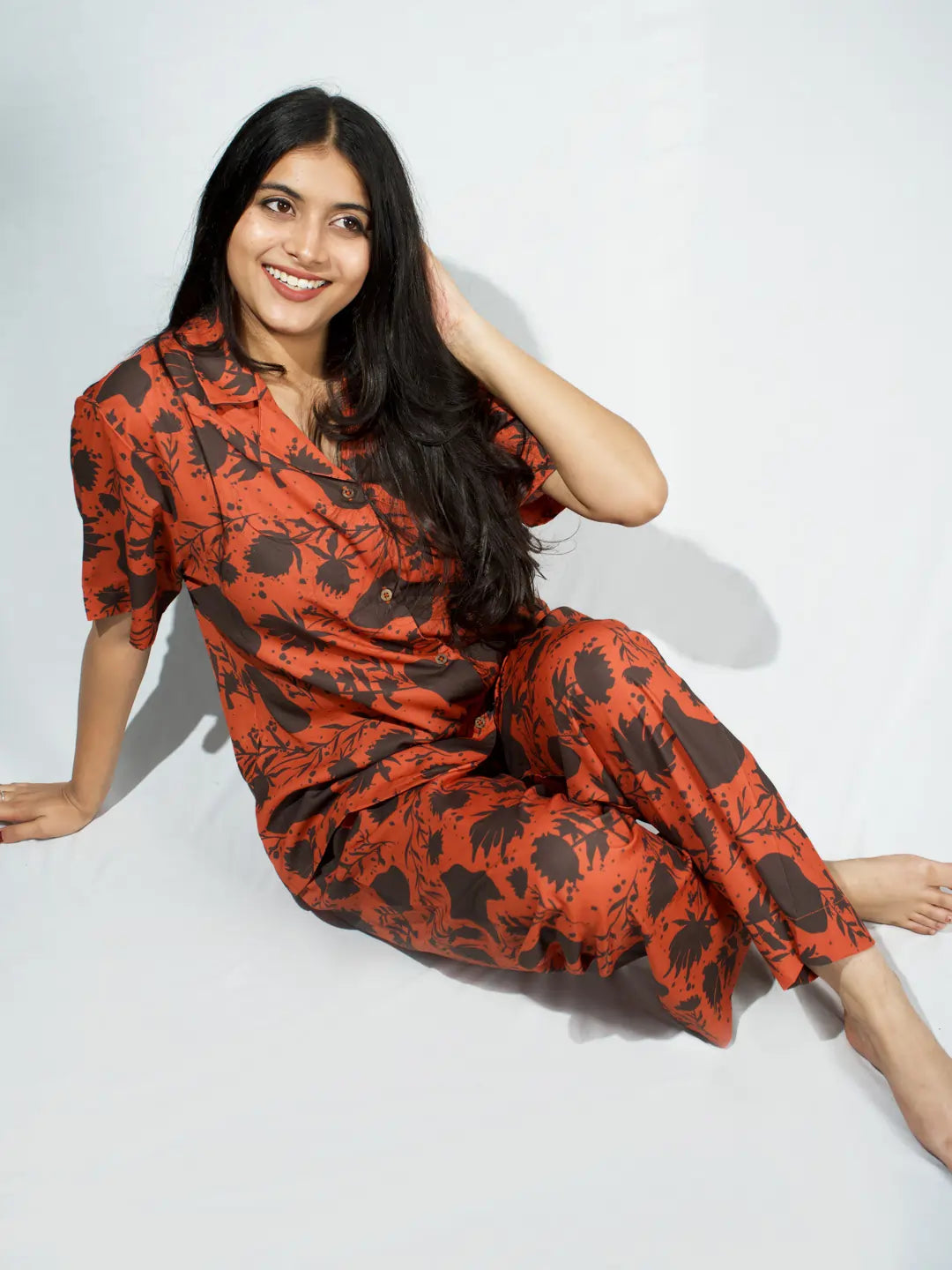 Women’s Dual Tone Rust Leaf Print Half Sleeve Shirt & Pajama Set
