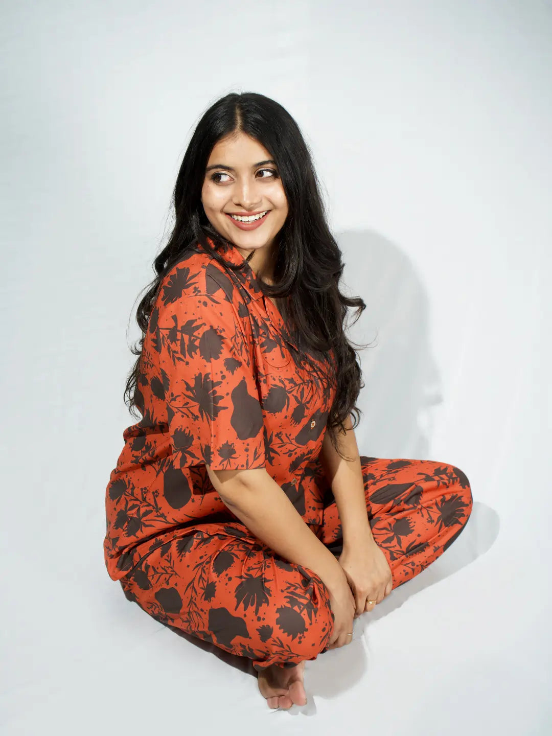 Women’s Dual Tone Rust Leaf Print Half Sleeve Shirt & Pajama Set