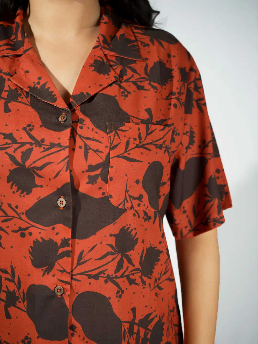 Women’s Dual Tone Rust Leaf Print Half Sleeve Shirt & Pajama Set