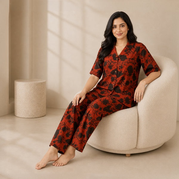 Women’s Dual Tone Rust Leaf Print Half Sleeve Shirt & Pajama Set