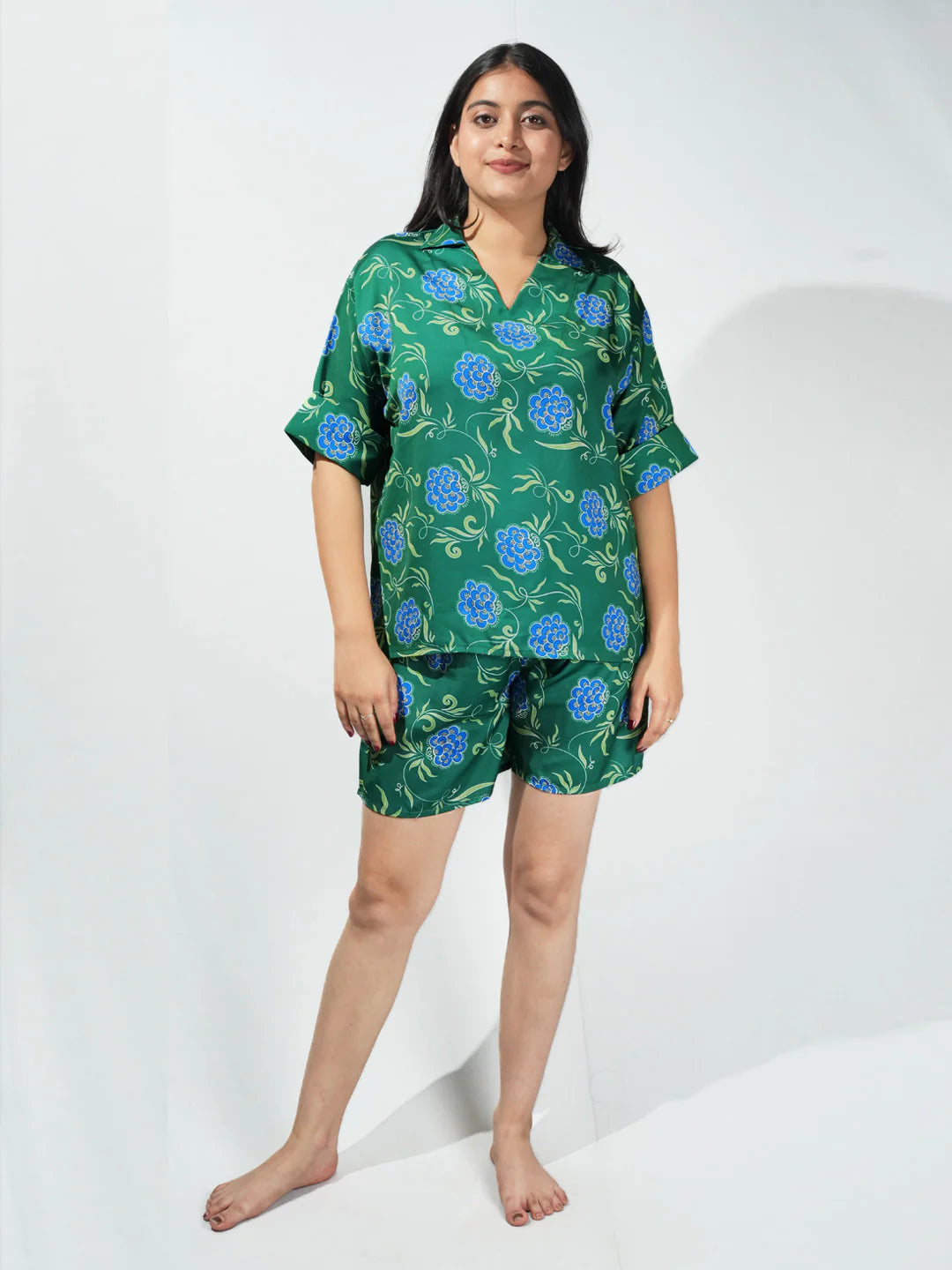 Women’s Forest Green Relaxed V-Neck Top & Shorts Set
