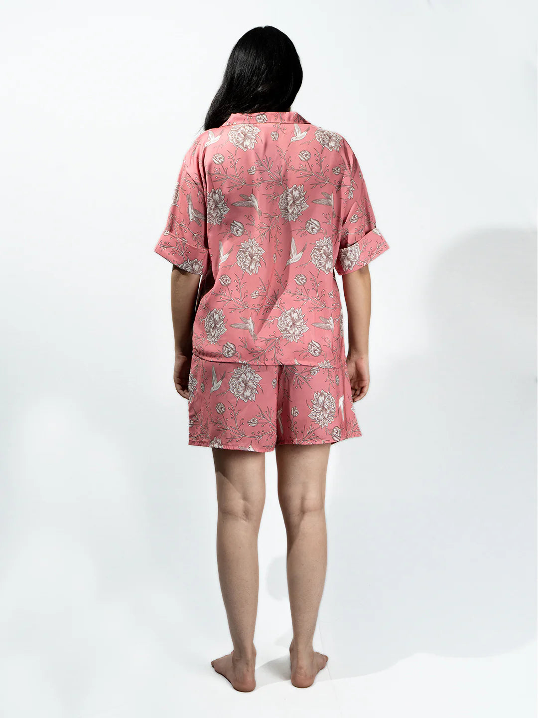 Women’s Fuchsia Pink Nature Print Relaxed V-Neck Top & Shorts Set