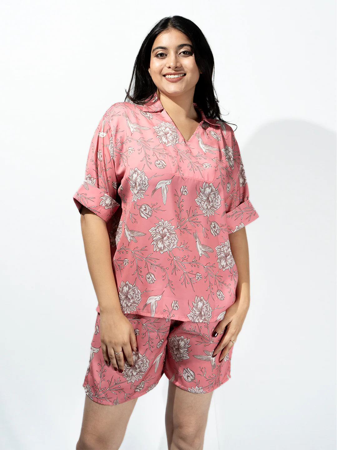 Women’s Fuchsia Pink Nature Print Relaxed V-Neck Top & Shorts Set