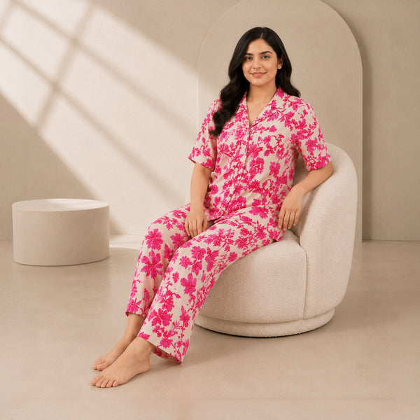 Women’s Hot Pink & Ivory Floral Half Sleeve Shirt & Pajama Set
