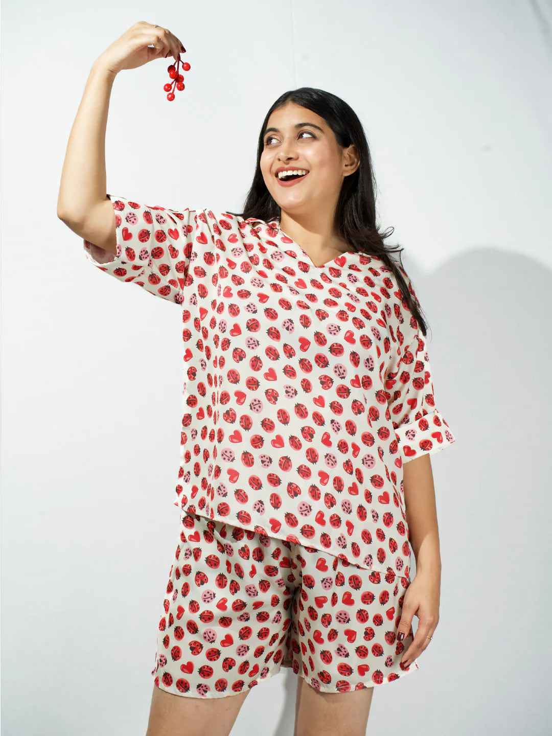 Women’s Lady Bug Printed Relaxed V-Neck Top & Shorts Set