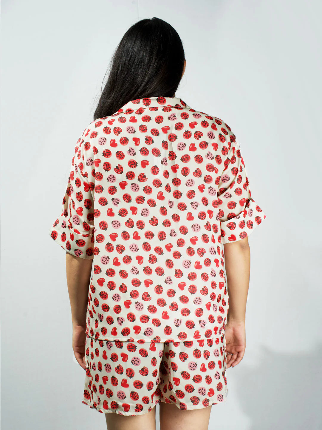 Women’s Lady Bug Printed Relaxed V-Neck Top & Shorts Set