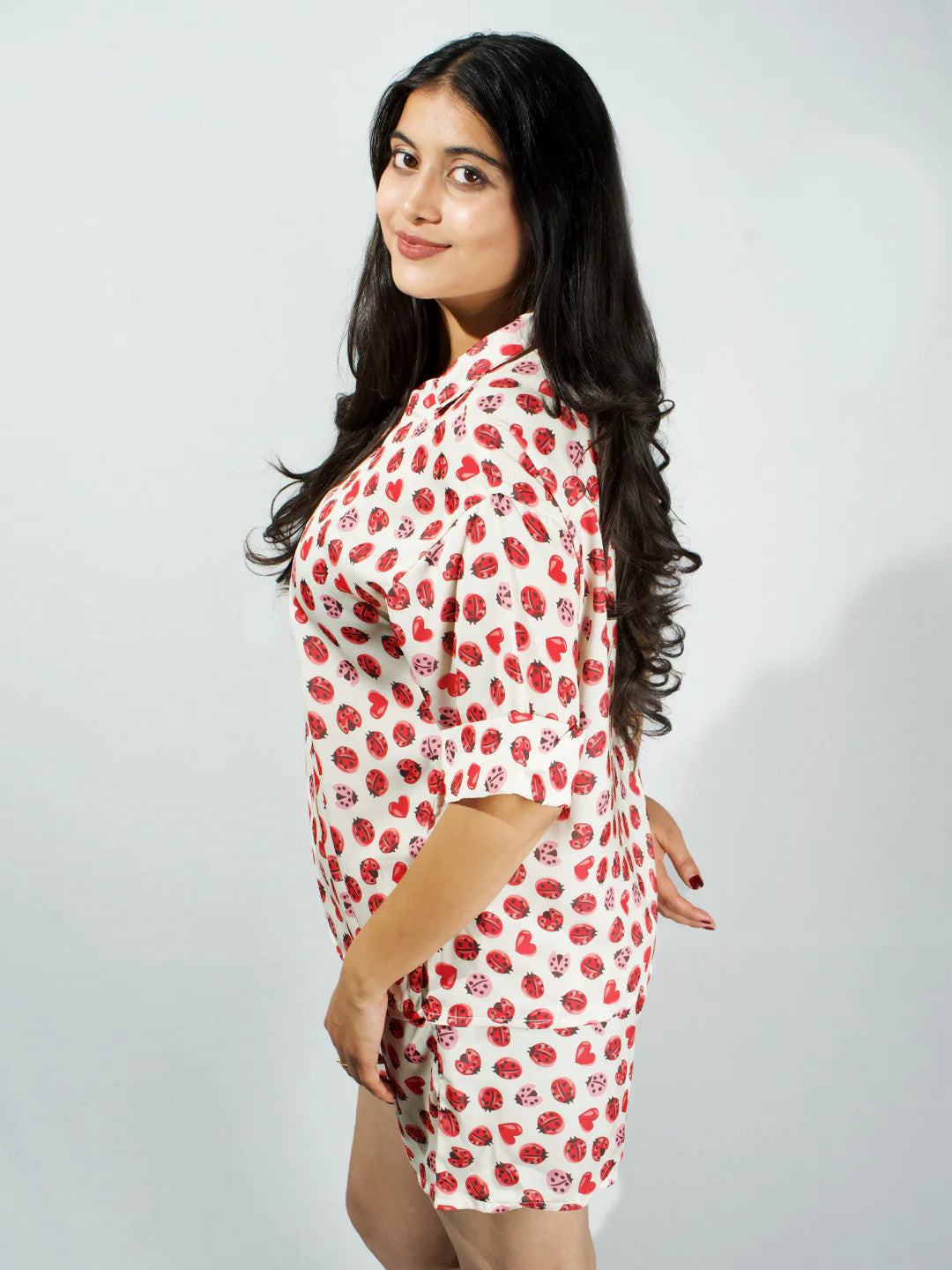 Women’s Lady Bug Printed Relaxed V-Neck Top & Shorts Set
