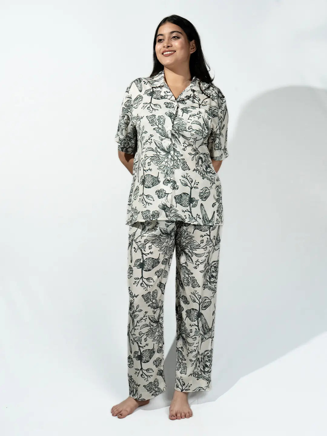 Women’s Monotone Botanic Bird Print Half Sleeve Shirt & Pajama Set