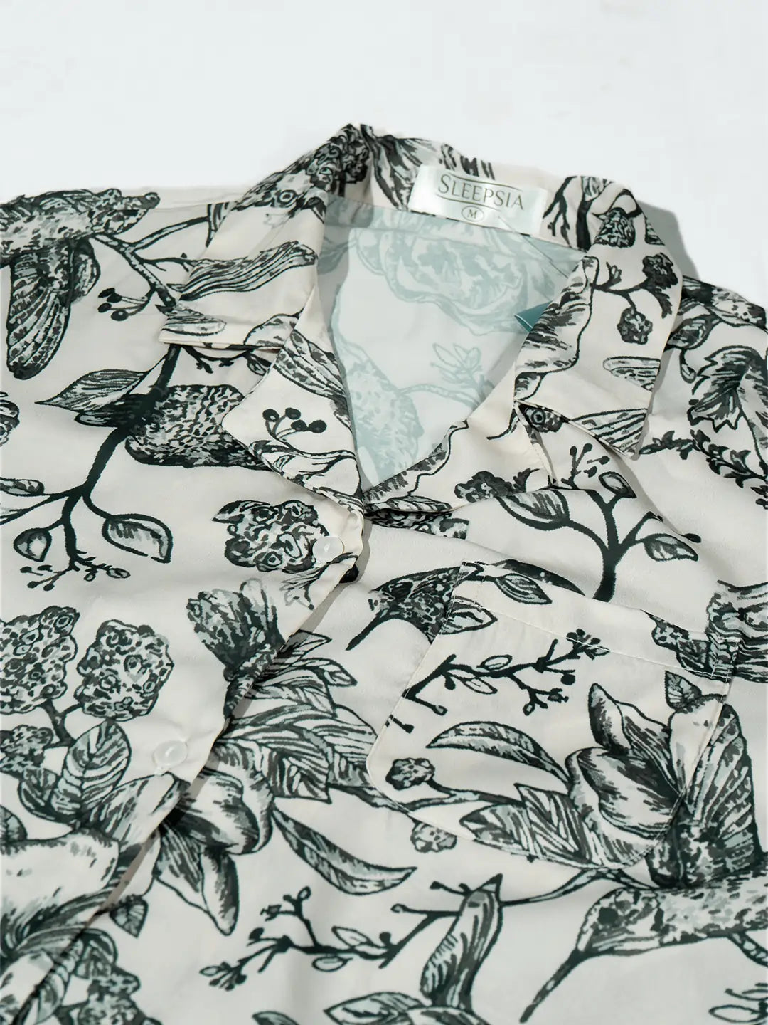 Women’s Monotone Botanic Bird Print Half Sleeve Shirt & Pajama Set