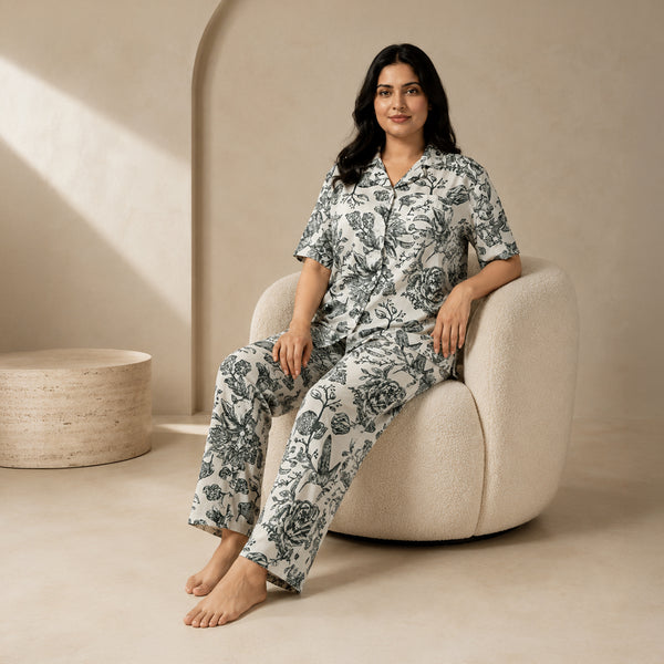 Women’s Monotone Botanic Bird Print Half Sleeve Shirt & Pajama Set