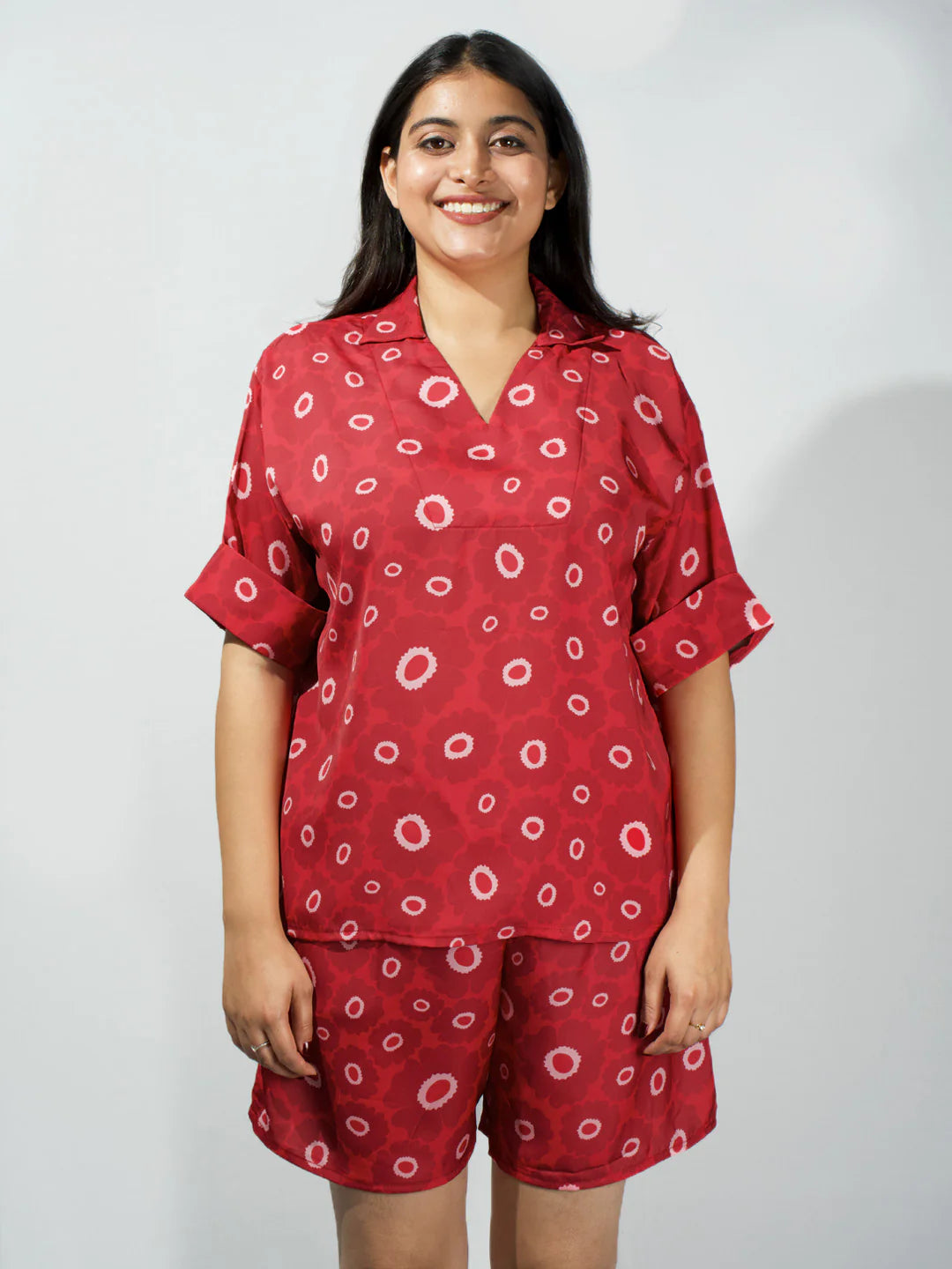 Women’s Red Floral Print Relaxed V-Neck Top & Shorts Set