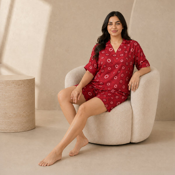 Women’s Red Floral Print Relaxed V-Neck Top & Shorts Set