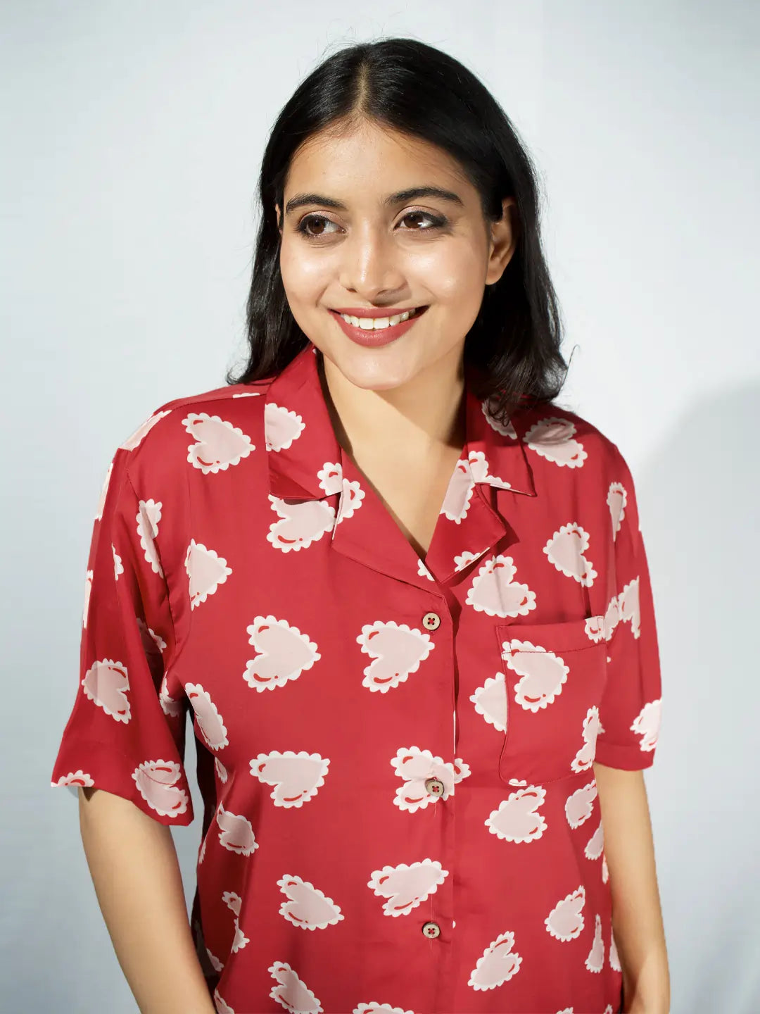 Women’s Red Inverted Scallop Hearts Printed Half Sleeve Shirt & Pajama Set