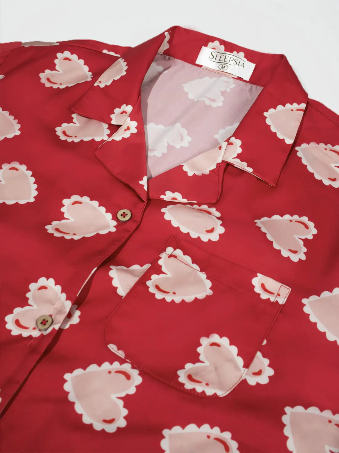 Women’s Red Inverted Scallop Hearts Printed Half Sleeve Shirt & Pajama Set