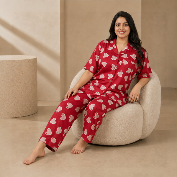 Women’s Red Inverted Scallop Hearts Printed Half Sleeve Shirt & Pajama Set