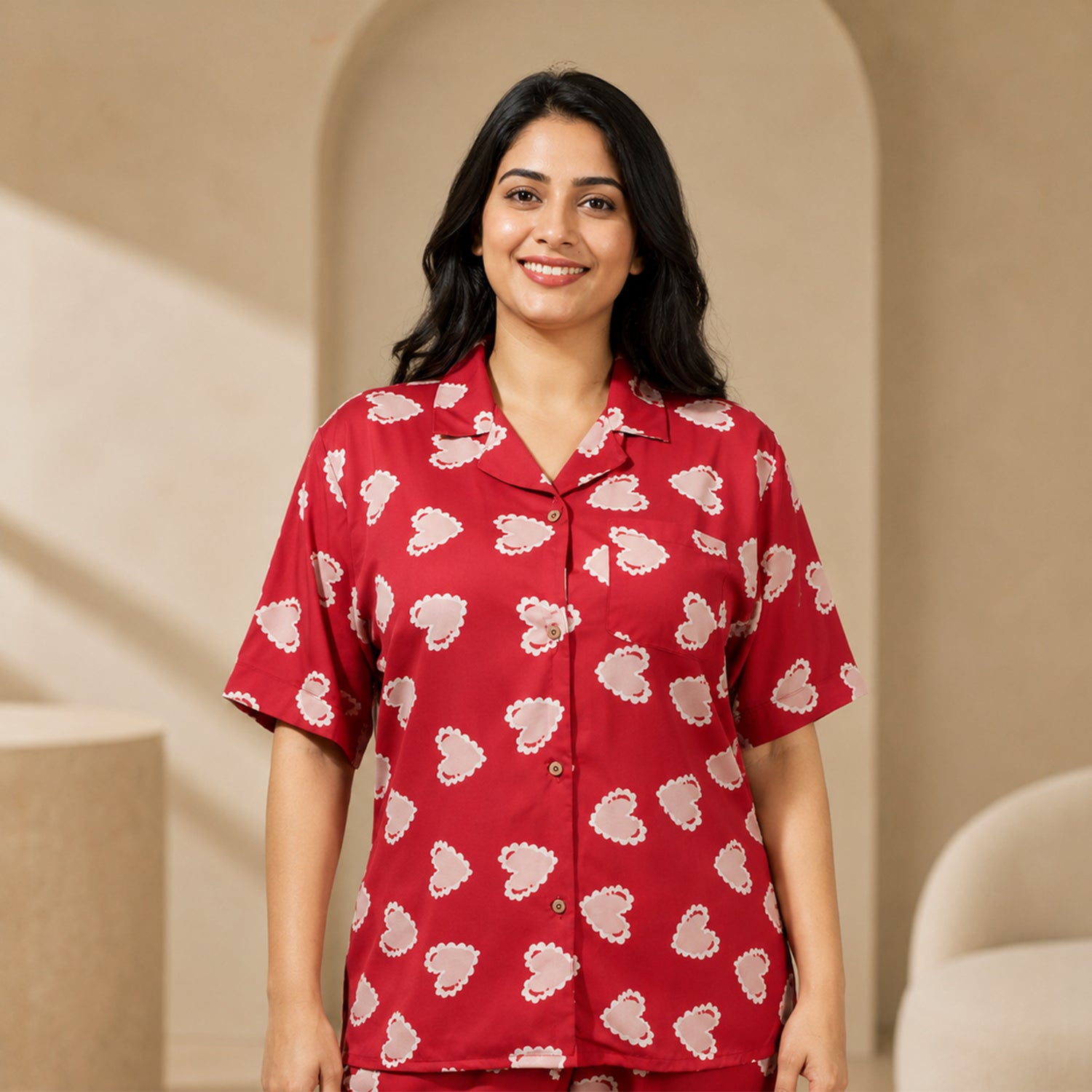 Red Inverted Scallop Hearts Printed