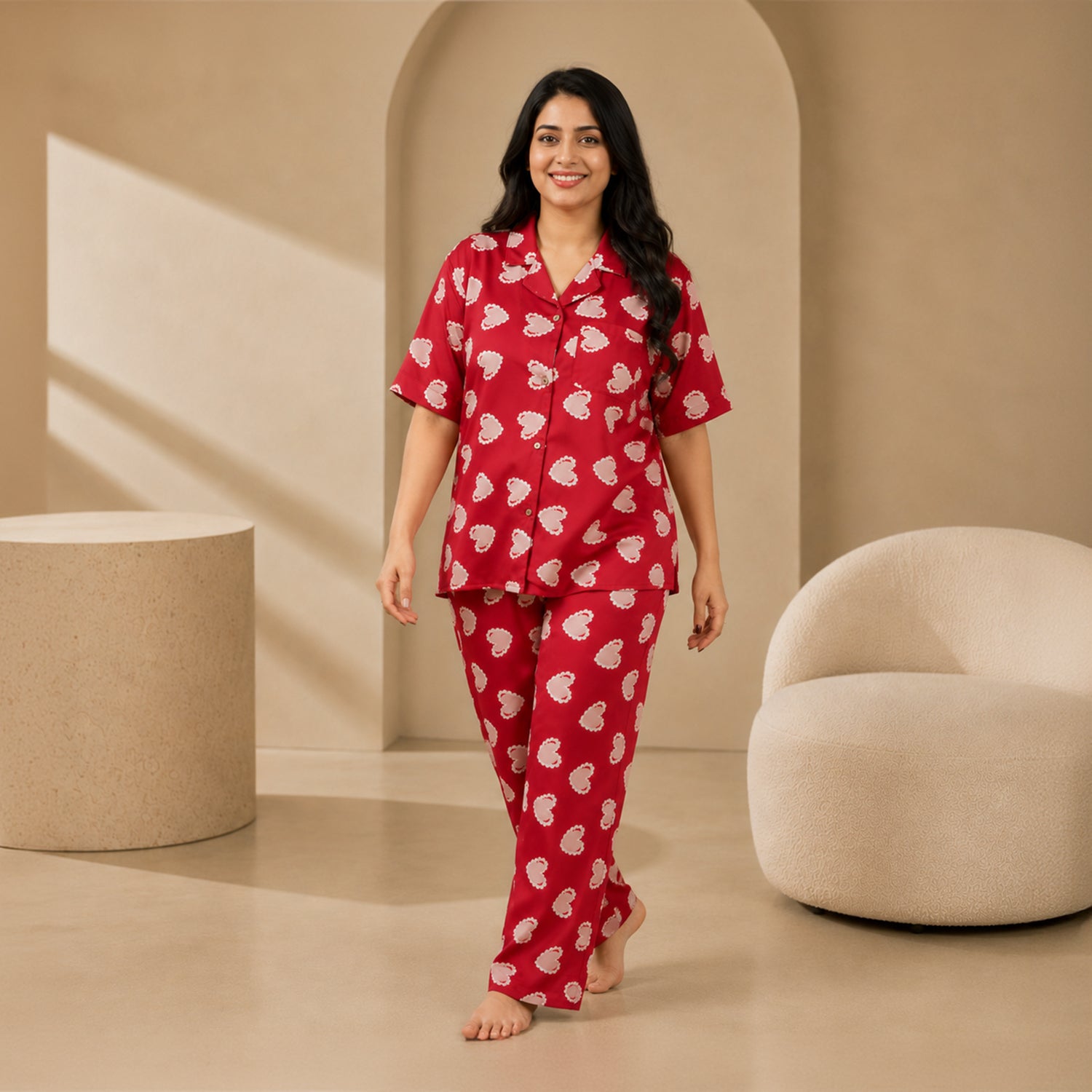 Red Inverted Scallop Hearts Printed