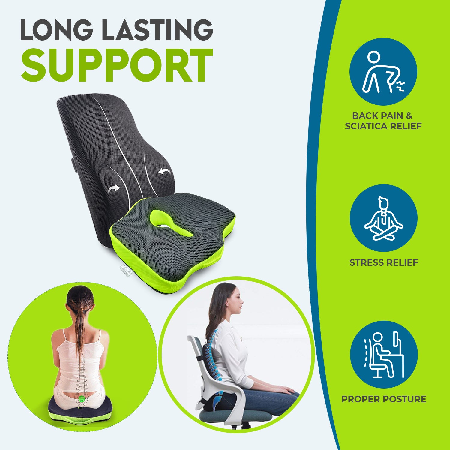 Lumbar Support Memory Foam Cushion, Memory Foam Coccyx Seat Cushion (Combo)