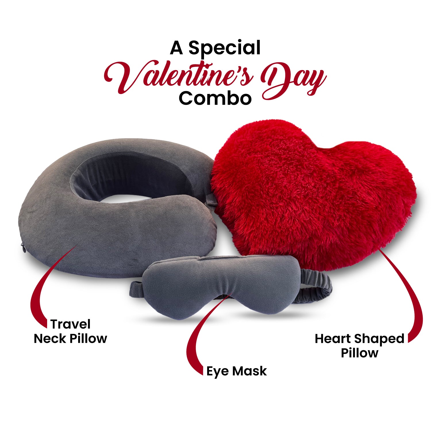Heart Shape Pillow, Eye Mask & Travel Neck Pillow Combo